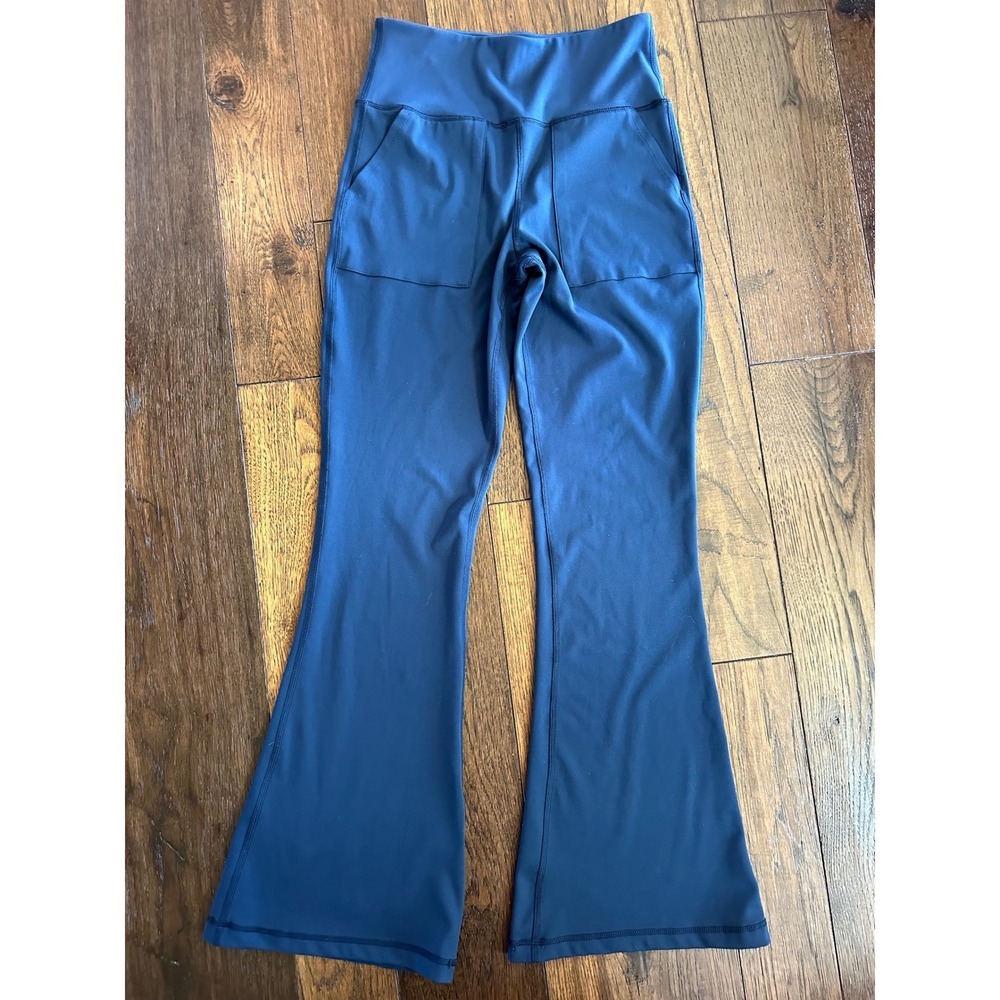 Thrive Societe Womens Navy Blue High Waisted Flare Yoga Pants Pockets Size M
